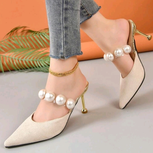 New Fashion Golden Pearl Decorated Elegant High Heels Party Shoes For Women - Picture 3 of 8